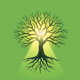 A minimalist book cover-sized illustration featuring a stylized tree with abundant branches and extensive roots