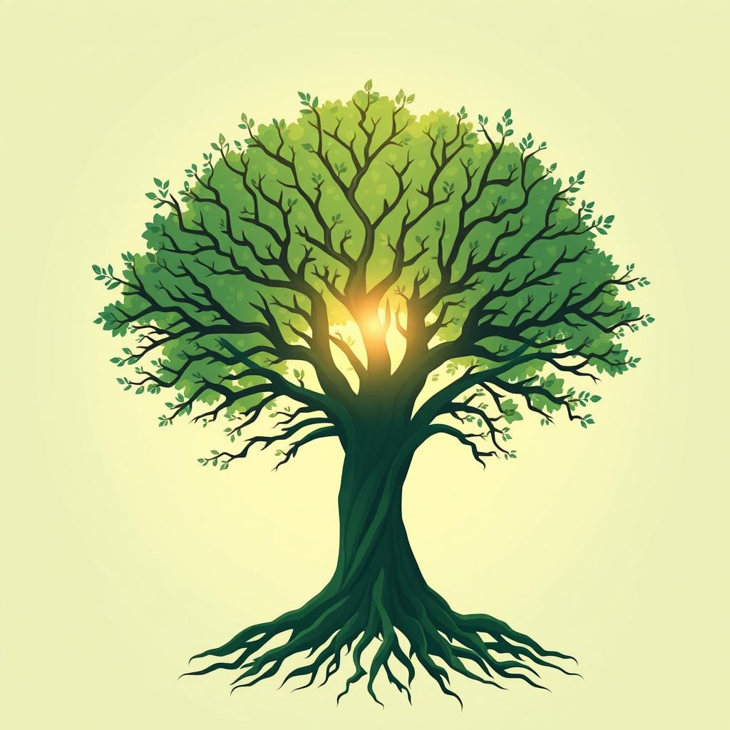 A minimalist book cover-sized illustration featuring a stylized tree with abundant branches and extensive roots