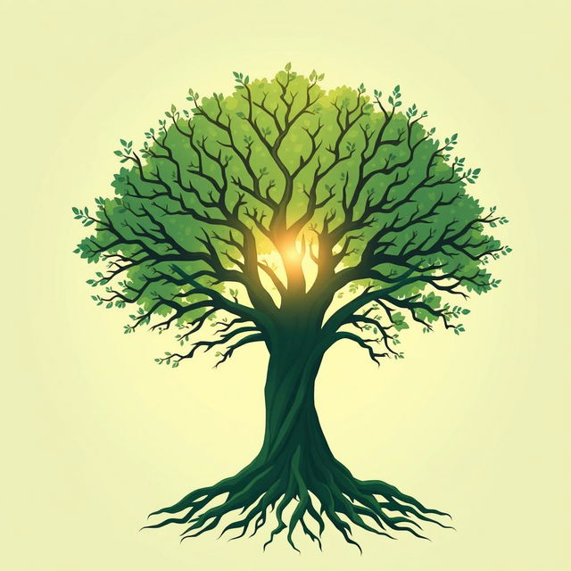 A minimalist book cover-sized illustration featuring a stylized tree with abundant branches and extensive roots