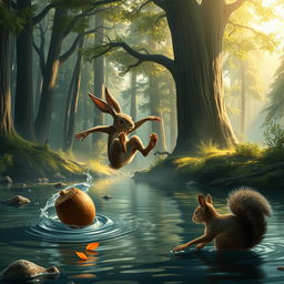 An epic scene featuring a heroic rabbit in action, dashing across a river to save a nut that belongs to its squirrel companion