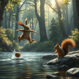 An epic scene featuring a heroic rabbit in action, dashing across a river to save a nut that belongs to its squirrel companion