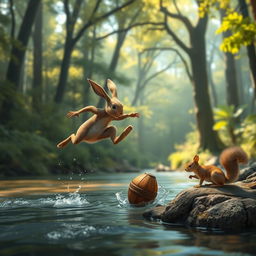 An epic scene featuring a heroic rabbit in action, dashing across a river to save a nut that belongs to its squirrel companion