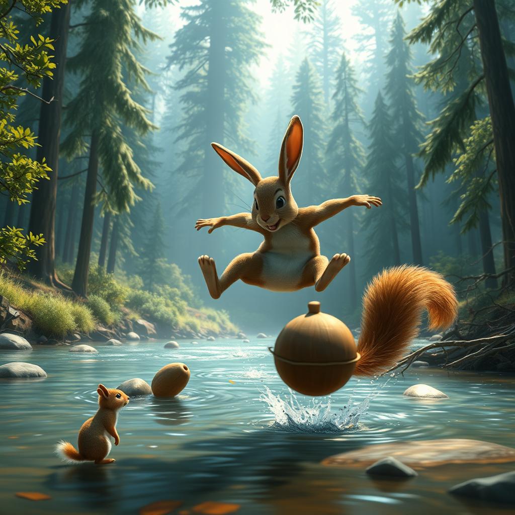 An epic scene featuring a heroic rabbit in action, dashing across a river to save a nut that belongs to its squirrel companion