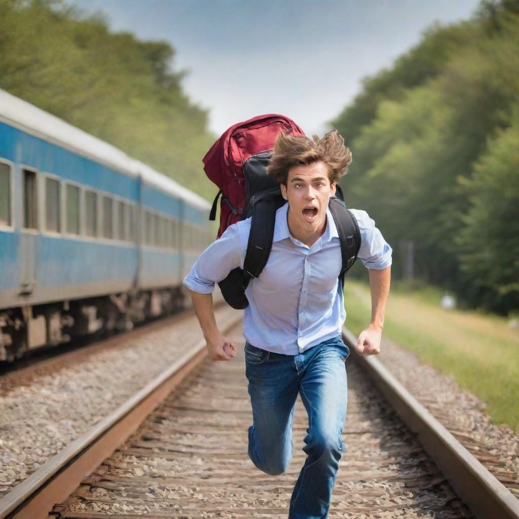 A daring college student, backpack flying in the wind, as he outruns a speeding train in a rush of adrenaline and youthful energy