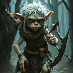 A heavily wounded short and squat goblin ranger with unattractive features, pale white skin, and unkempt white hair