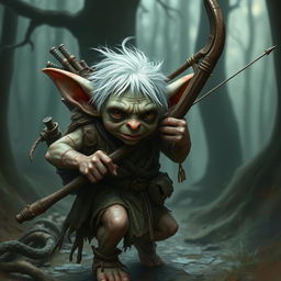 A heavily wounded short and squat goblin ranger with unattractive features, pale white skin, and unkempt white hair