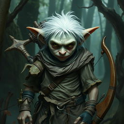 A heavily wounded short and squat goblin ranger with unattractive features, pale white skin, and unkempt white hair