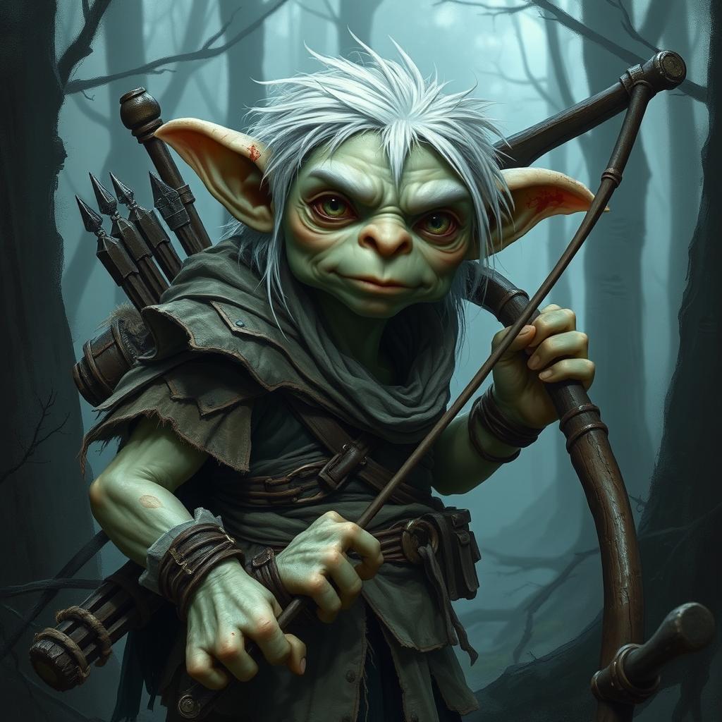 A heavily wounded short and squat goblin ranger with unattractive features, pale white skin, and unkempt white hair