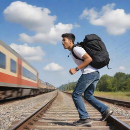 A daring college student, backpack flying in the wind, as he outruns a speeding train in a rush of adrenaline and youthful energy