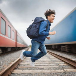 A daring college student, backpack flying in the wind, as he outruns a speeding train in a rush of adrenaline and youthful energy