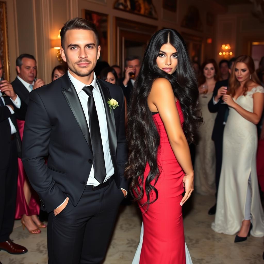 A slightly muscular, tan-skinned man with smooth hair and green eyes, chiseled jaw and chin, adorned with a stubble beard like a model, wearing a black suit and tie, black pants, and dark brown leather shoes