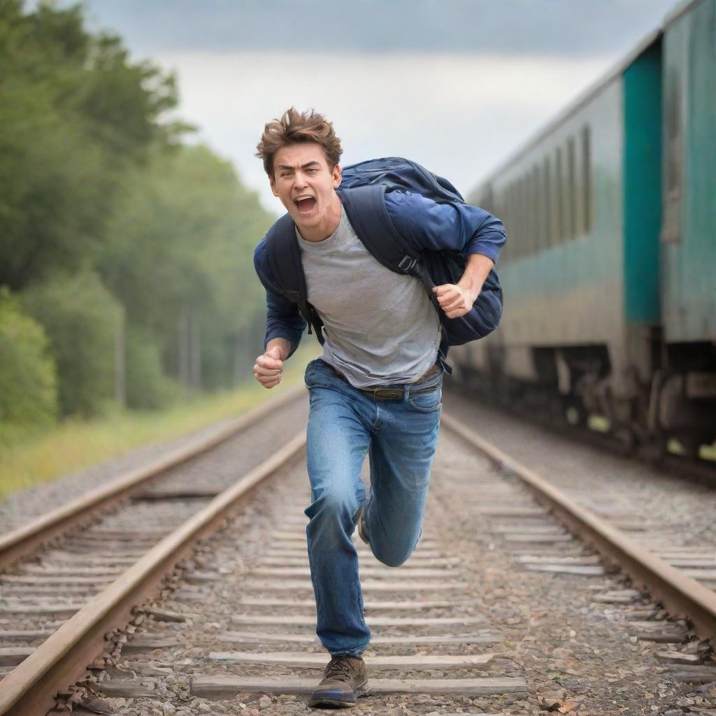 A daring college student, backpack flying in the wind, as he outruns a speeding train in a rush of adrenaline and youthful energy