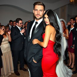 A slightly muscular, tan-skinned man with smooth hair and green eyes, chiseled jaw and chin, adorned with a stubble beard like a model, wearing a black suit and tie, black pants, and dark brown leather shoes