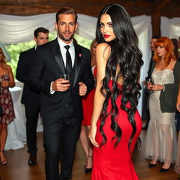 A slightly muscular, tan-skinned man with sleek hair and green eyes, a chiseled jaw and chin, bearing a stubble beard like a model, dressed in a black suit, tie, and trousers, with dark brown leather shoes, standing behind a woman with long, black wavy-straight hair