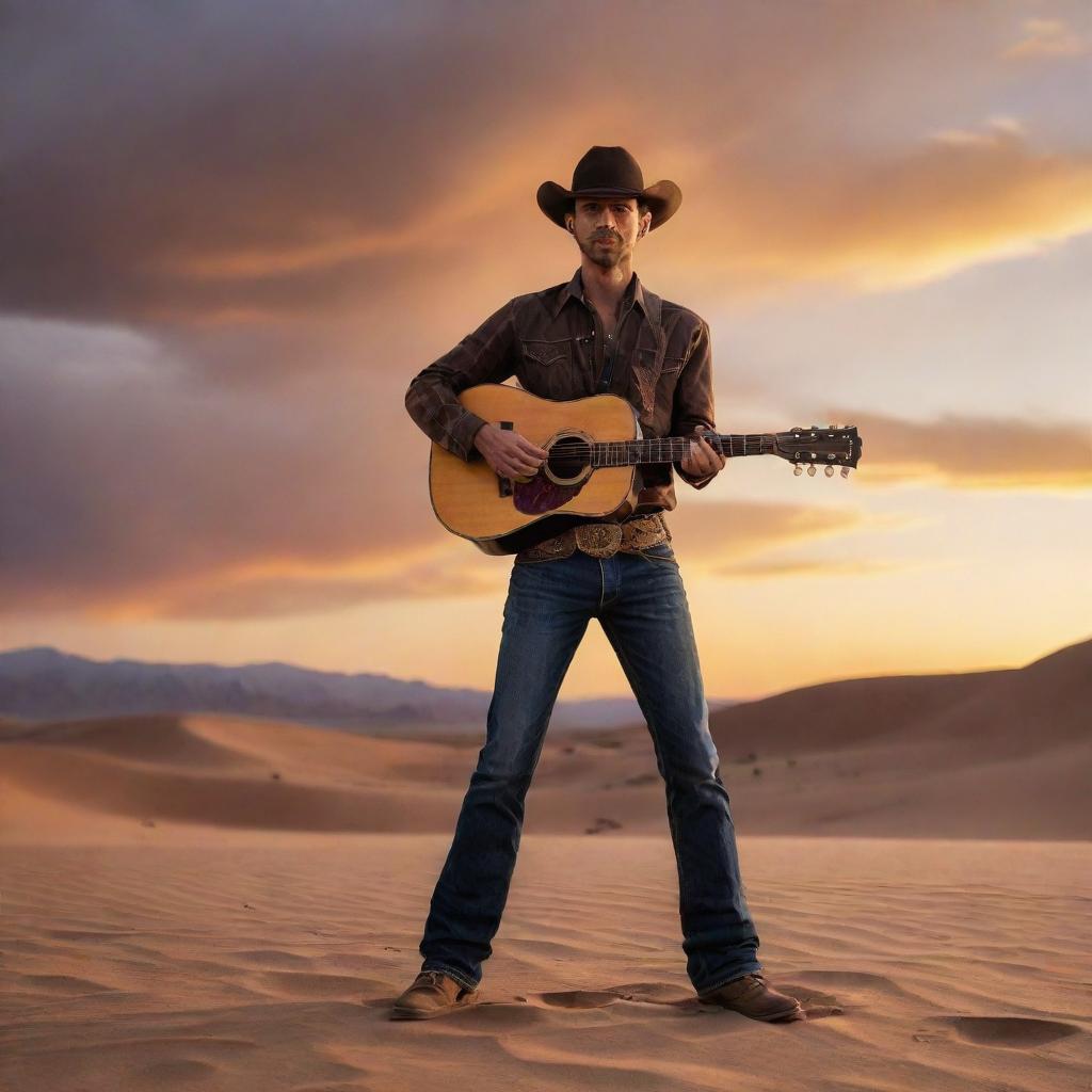 A rugged cowboy skillfully holding a guitar, standing tall amidst the vast, sandy desert with a dramatic sunset background