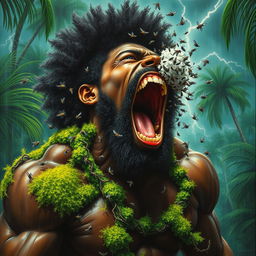 A polished, finished oil-based painting showcasing an extremely close-up full-body macro view of an epic, enraged, gorgeous, ferocious muscular black-skinned, afro-headed black man