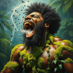 A polished, finished oil-based painting showcasing an extremely close-up full-body macro view of an epic, enraged, gorgeous, ferocious muscular black-skinned, afro-headed black man