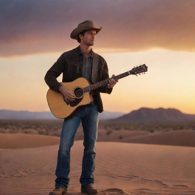 A rugged cowboy skillfully holding a guitar, standing tall amidst the vast, sandy desert with a dramatic sunset background