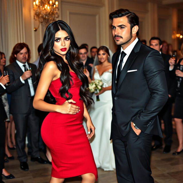 A slightly muscular, tan-skinned man with sleek dark brown hair and green eyes, chiseled jaw and chin, adorned with a stubble beard like a model, wearing a black suit and tie, black trousers, and dark brown leather shoes