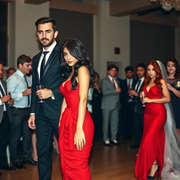 A slightly muscular, tan-skinned man with sleek dark brown hair and green eyes, chiseled jaw and chin, adorned with a stubble beard like a model, wearing a black suit and tie, black trousers, and dark brown leather shoes