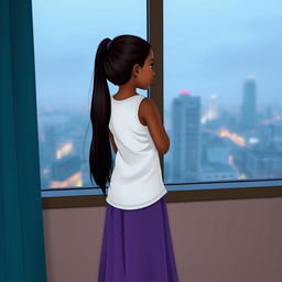 An Indian girl with dark skin and long hair tied in a ponytail looks out of a window at the cityscape