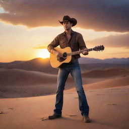 A rugged cowboy skillfully holding a guitar, standing tall amidst the vast, sandy desert with a dramatic sunset background