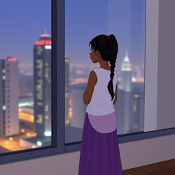 An Indian girl with dark skin and long hair tied in a ponytail looks out of a window at the cityscape