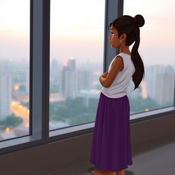 An Indian girl with dark skin and long hair tied in a ponytail looks out of a window at the cityscape