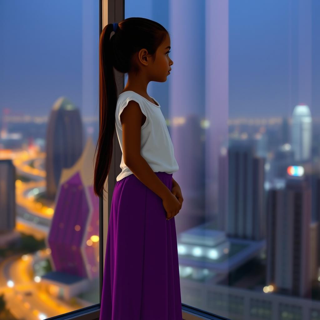 An Indian girl with dark skin and long hair tied in a ponytail looks out of a window at the cityscape