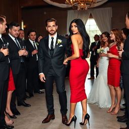 A slightly muscular, tan-skinned man with sleek dark brown hair and green eyes, chiseled jaw and chin, featuring a stubble beard like a model, dressed in a black suit, tie, and pants, with dark brown leather shoes