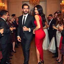 A slightly muscular, tan-skinned man with sleek dark brown hair and green eyes, chiseled jaw and chin, featuring a stubble beard like a model, dressed in a black suit, tie, and pants, with dark brown leather shoes