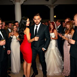 A slightly muscular, tan-skinned man with sleek dark brown hair and green eyes, chiseled jaw and chin, featuring a stubble beard like a model, dressed in a black suit, tie, and pants, with dark brown leather shoes