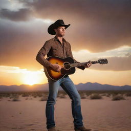 A rugged cowboy skillfully holding a guitar, standing tall amidst the vast, sandy desert with a dramatic sunset background