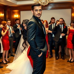 A slightly muscular, tan-skinned man with sleek dark brown hair and green eyes, a chiseled jaw and chin, with a stubble beard like a model, dressed in a black suit, black tie, and black trousers, with dark brown leather shoes