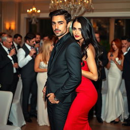 A slightly muscular, tan-skinned man with sleek dark brown hair and green eyes, a chiseled jaw and chin, with a stubble beard like a model, dressed in a black suit, black tie, and black trousers, with dark brown leather shoes