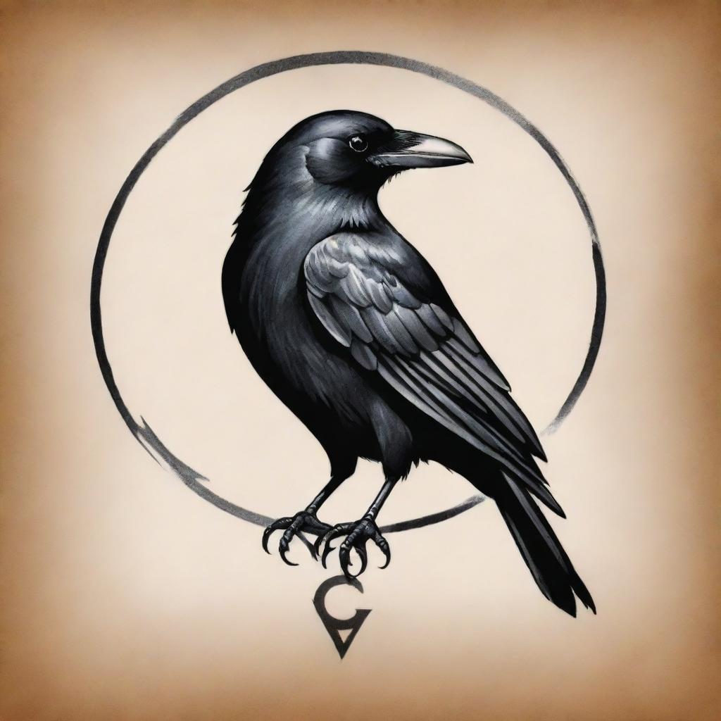 An artful tattoo design featuring a stylized symbol of a crow, accentuating its mystique and intelligence.