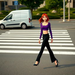 A girl crossing the pedestrian crosswalk, with fair skin and chin-length red hair