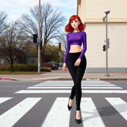 A girl crossing the pedestrian crosswalk, with fair skin and chin-length red hair