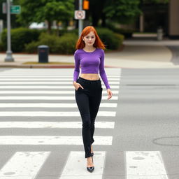 A girl crossing the pedestrian crosswalk, with fair skin and chin-length red hair