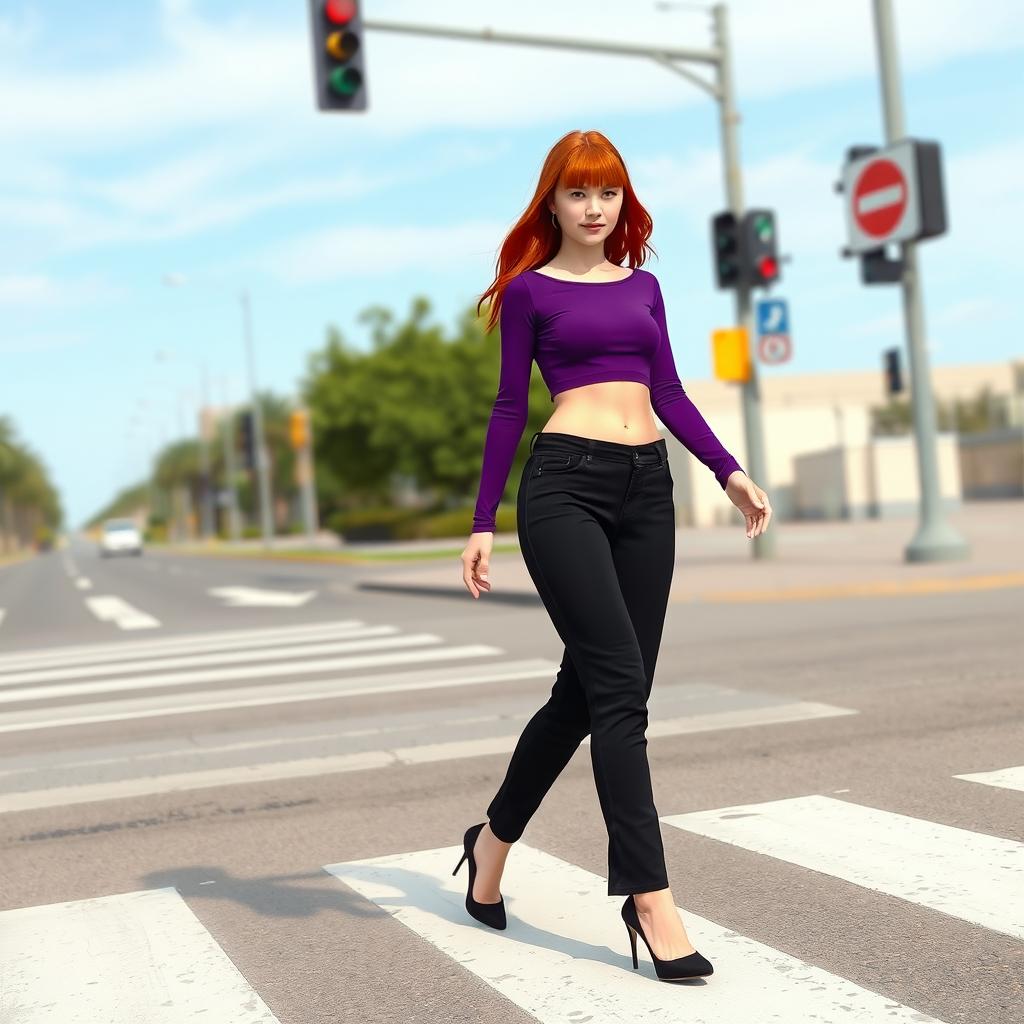 A girl crossing the pedestrian crosswalk, with fair skin and chin-length red hair