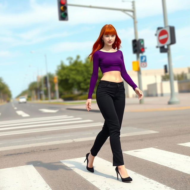 A girl crossing the pedestrian crosswalk, with fair skin and chin-length red hair