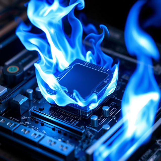 A futuristic and artistic scene of a computer processor installed on a motherboard with vibrant blue flames emanating from it