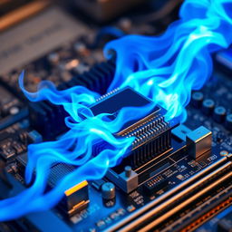 A futuristic and artistic scene of a computer processor installed on a motherboard with vibrant blue flames emanating from it