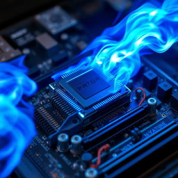 A futuristic and artistic scene of a computer processor installed on a motherboard with vibrant blue flames emanating from it