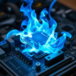 A futuristic and artistic scene of a computer processor installed on a motherboard with vibrant blue flames emanating from it