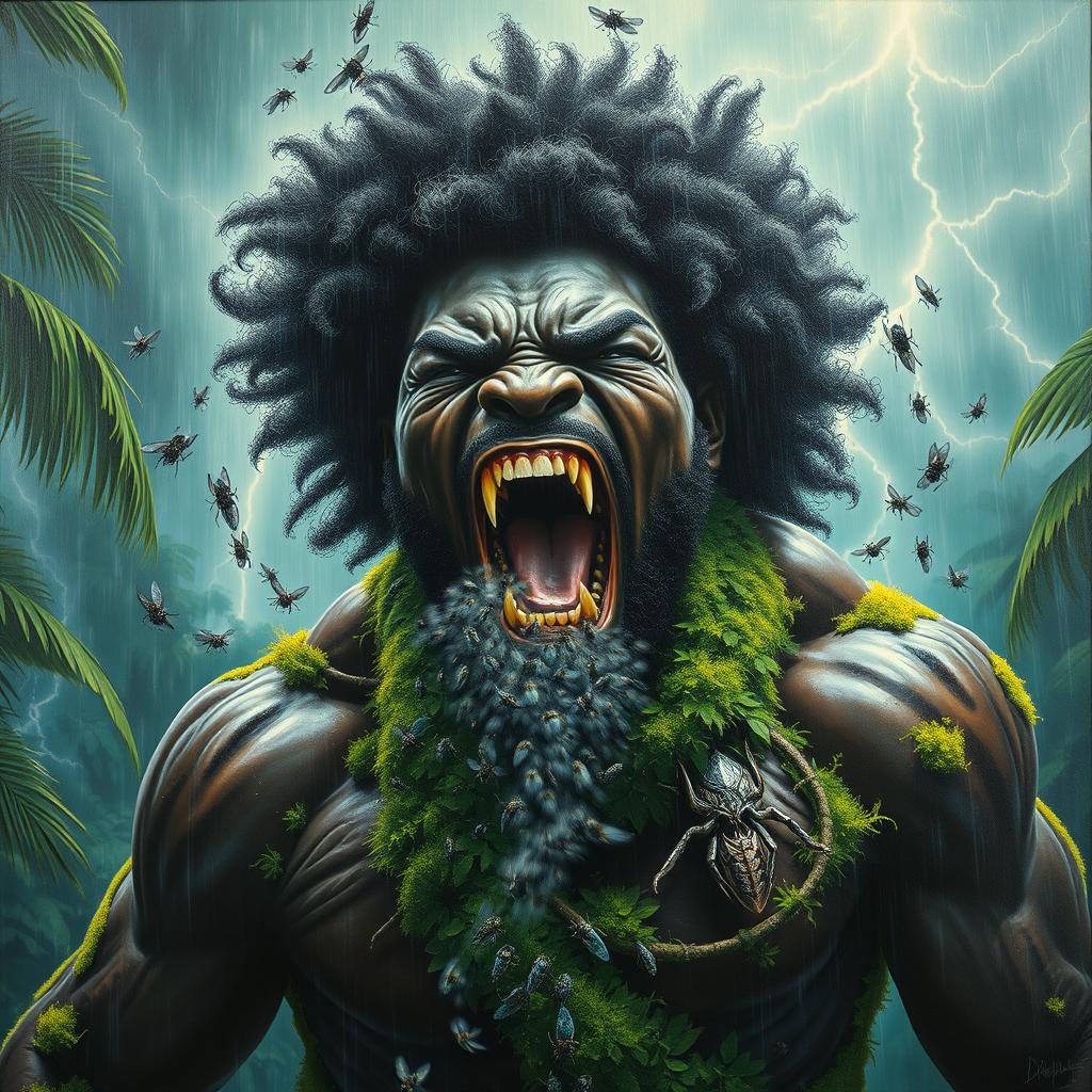 A polished, finished oil-based painting depicting an extremely close-up full-body macro view of an epic, enraged, gorgeous, ferocious muscular black-skinned, afro-headed black man