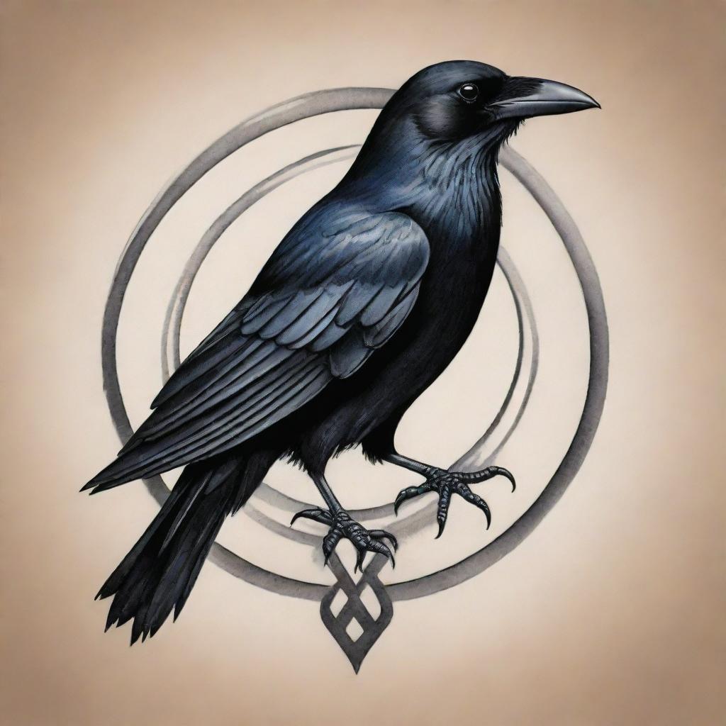 An artful tattoo design featuring a stylized symbol of a crow, accentuating its mystique and intelligence.