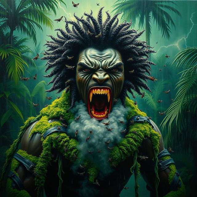 A polished, finished oil-based painting depicting an extremely close-up full-body macro view of an epic, enraged, gorgeous, ferocious muscular black-skinned, afro-headed black man