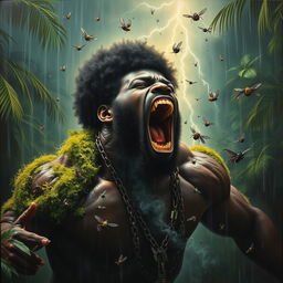 A polished, finished oil-based painting depicting an extremely close-up full-body macro view of an epic, enraged, gorgeous, ferocious muscular black-skinned, afro-headed black man