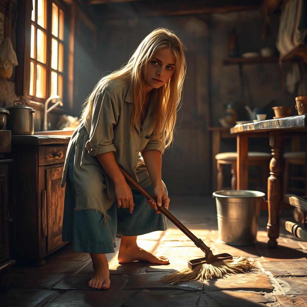 Cenerentola washing the floor, with long, unkempt blonde hair